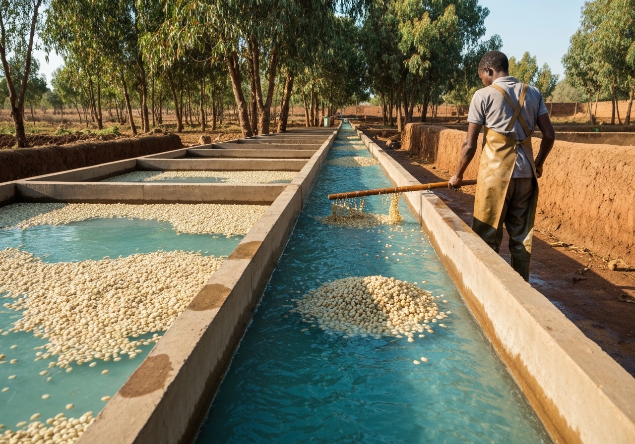 Freshly washed coffee beans at a processing station