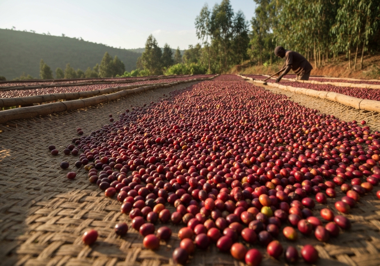 Coffee cherries drying on raised African beds under the sun