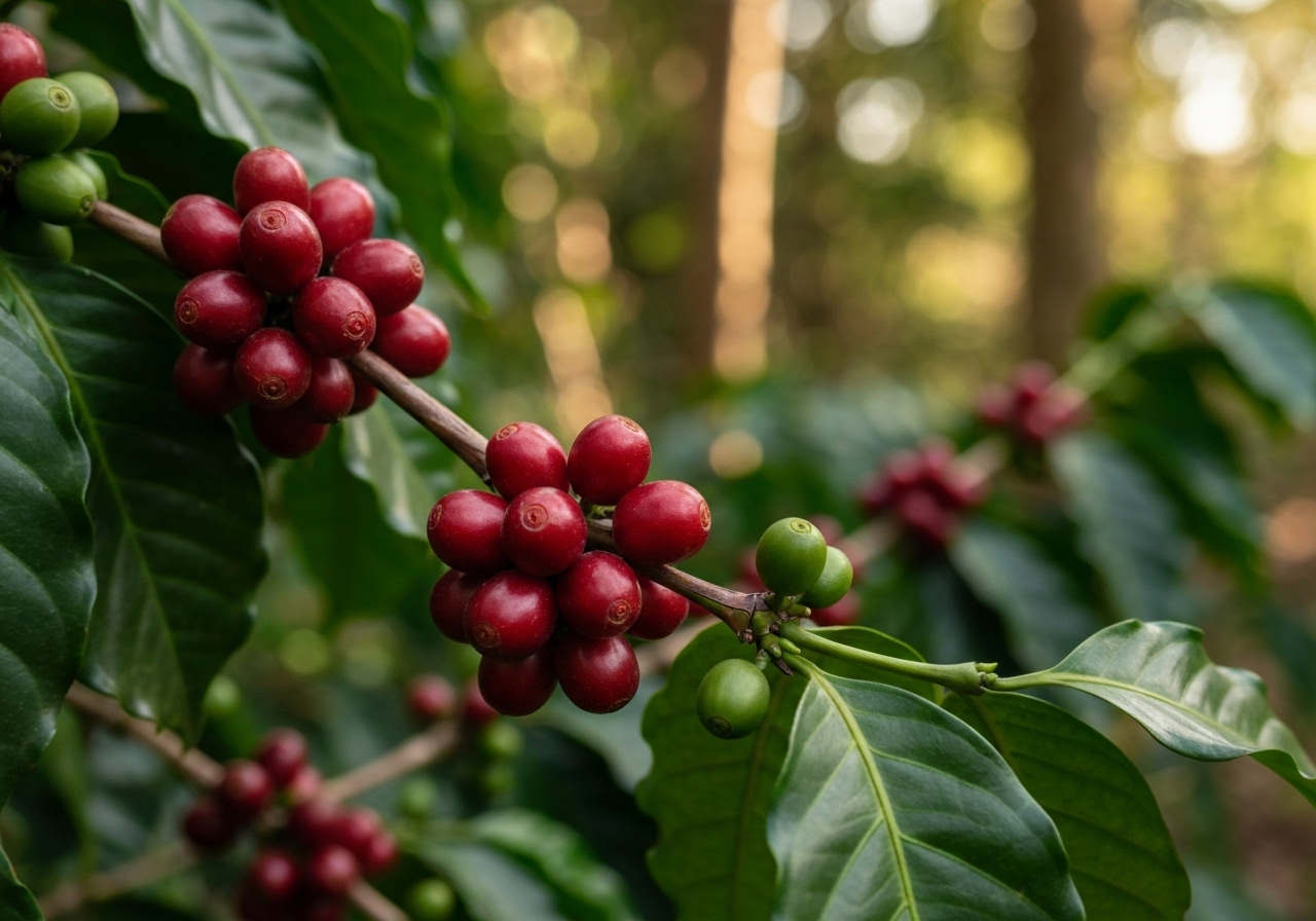 Ripe red coffee cherries growing on the branch