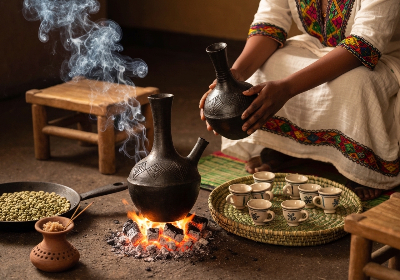 Traditional Ethiopian coffee ceremony with jebena clay pot