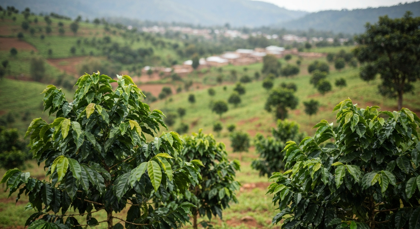 Ethiopian highlands with lush green landscape and scattered trees