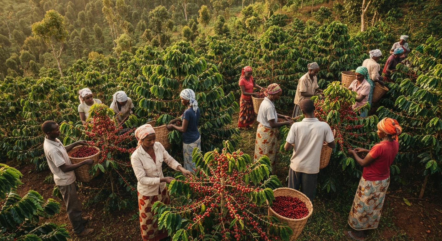 Ripe red coffee cherries on the branch in an Ethiopian forest