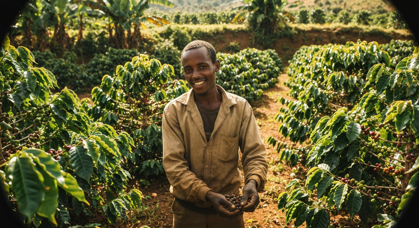 African landscape with warm light over green hills