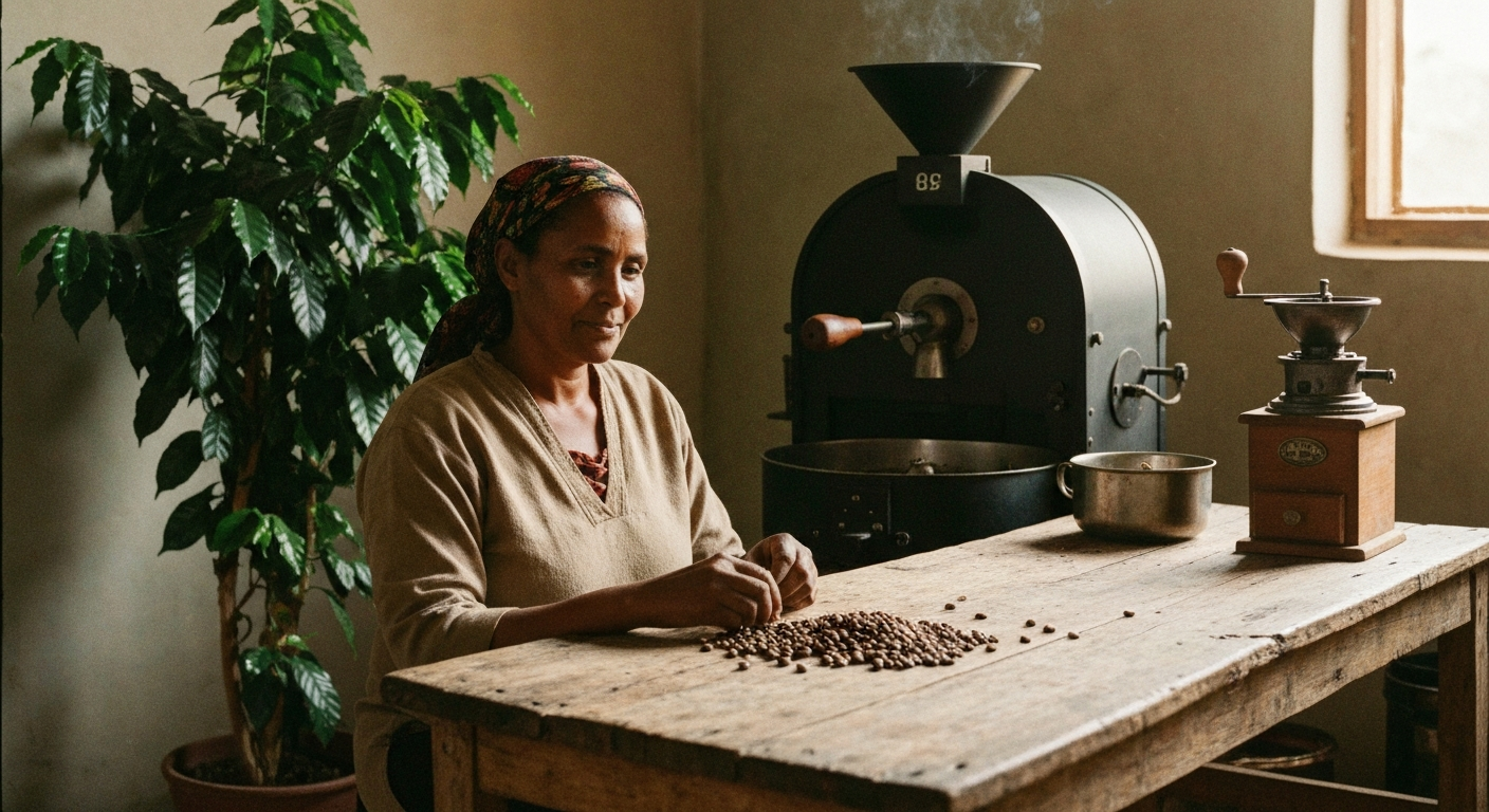 Traditional Ethiopian coffee ceremony with jebena clay pot