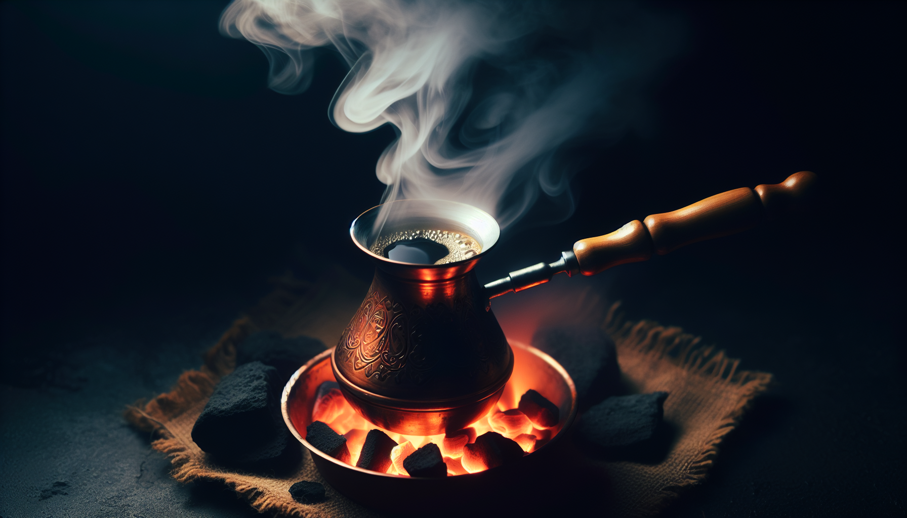 Ottoman cezve brewing coffee over hot coals
