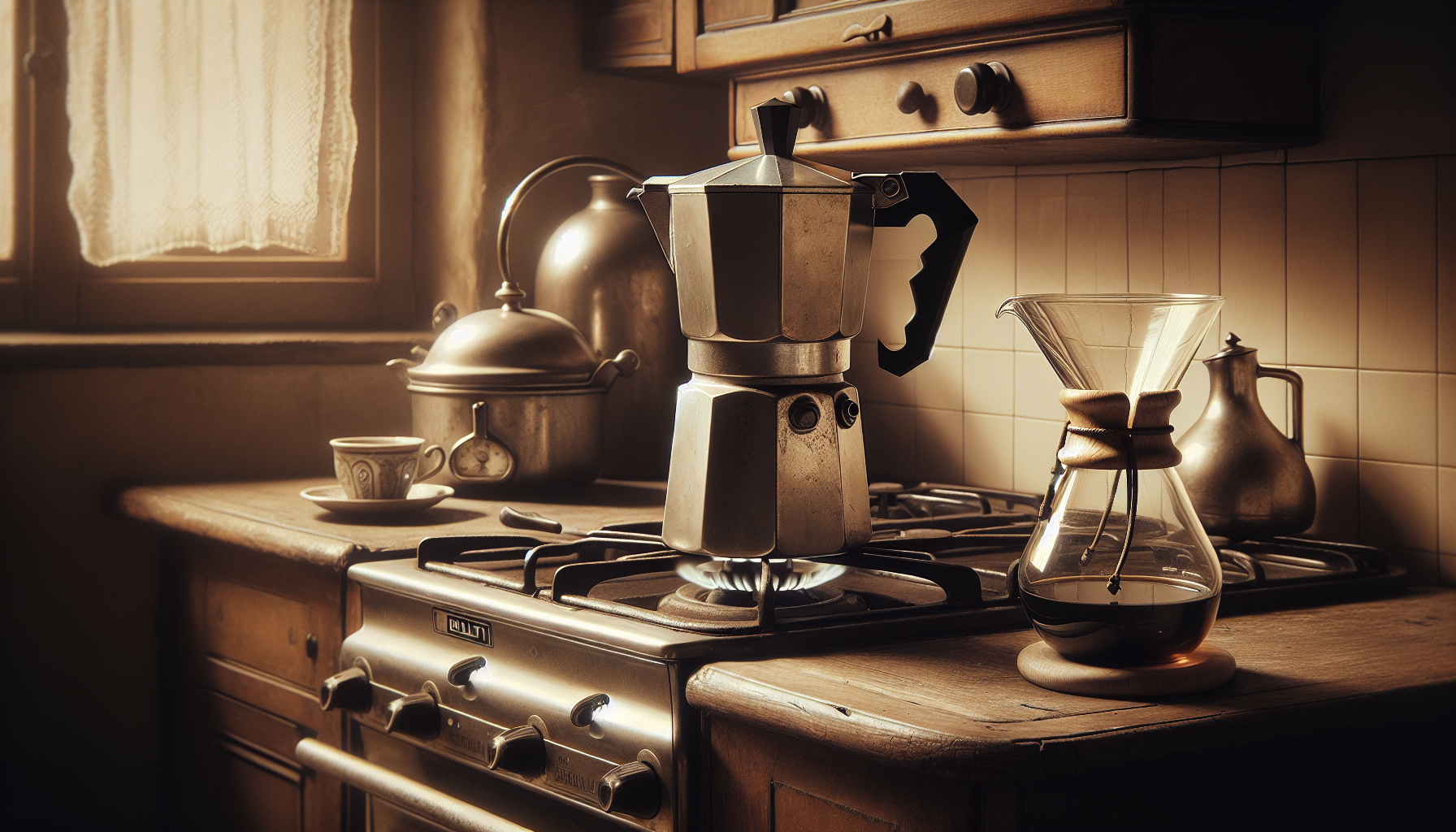 1930s kitchen with a Bialetti moka pot on a gas stove and a Chemex on a wooden counter