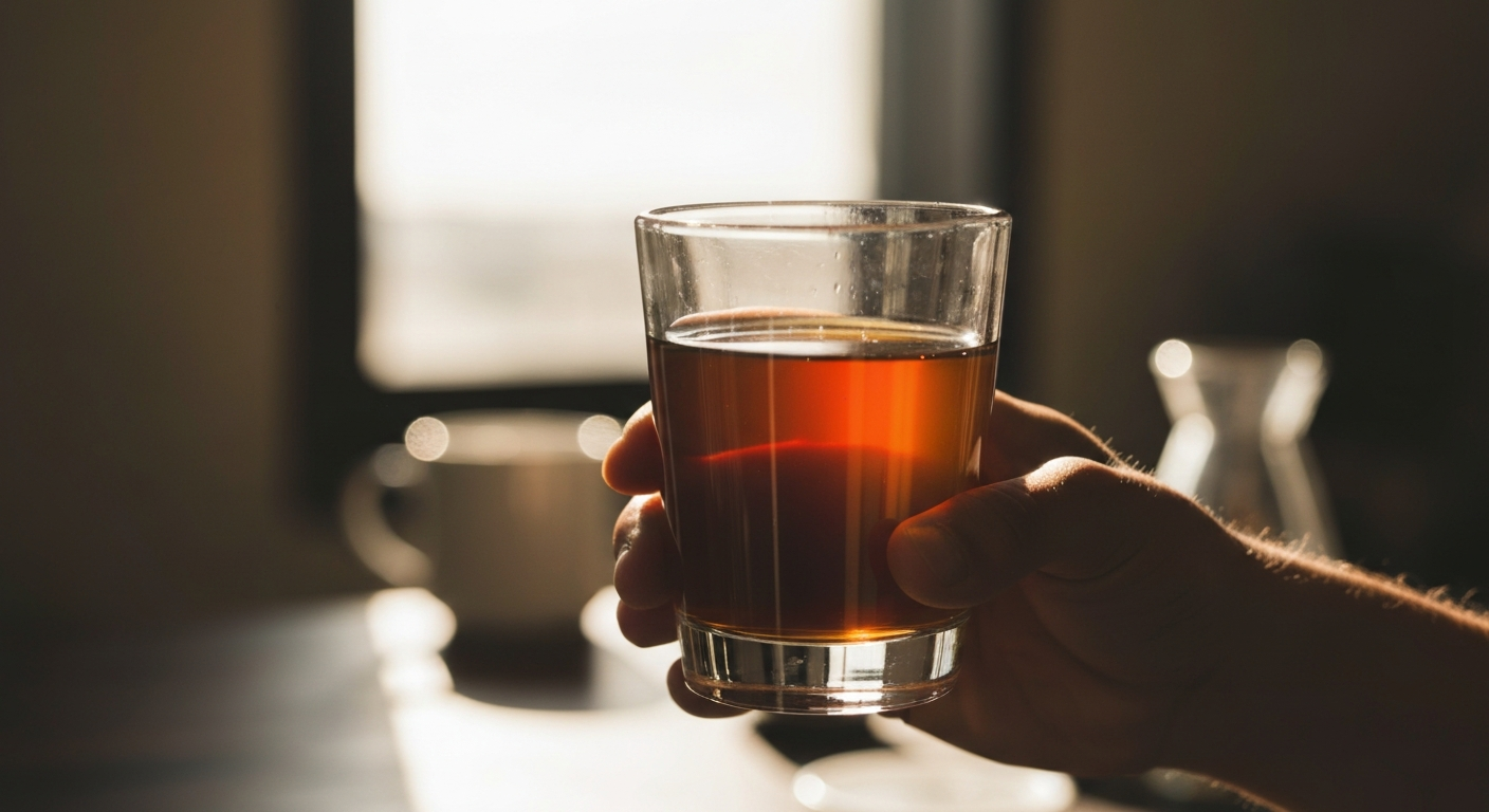 A clear glass of brewed filter coffee held up to the light showing amber colour and clarity