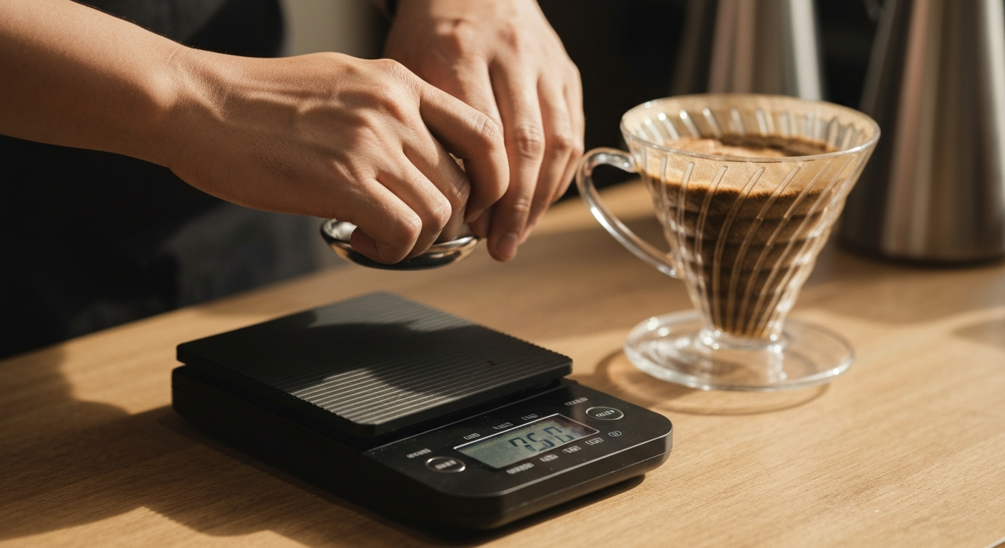 Coffee being weighed on a precision digital scale next to a pour-over dripper