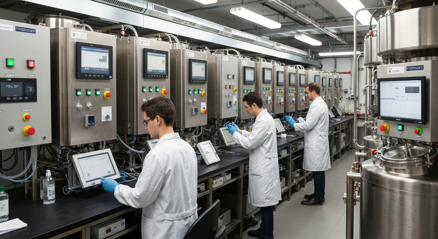 Sealed stainless steel fermentation tanks at a coffee processing facility