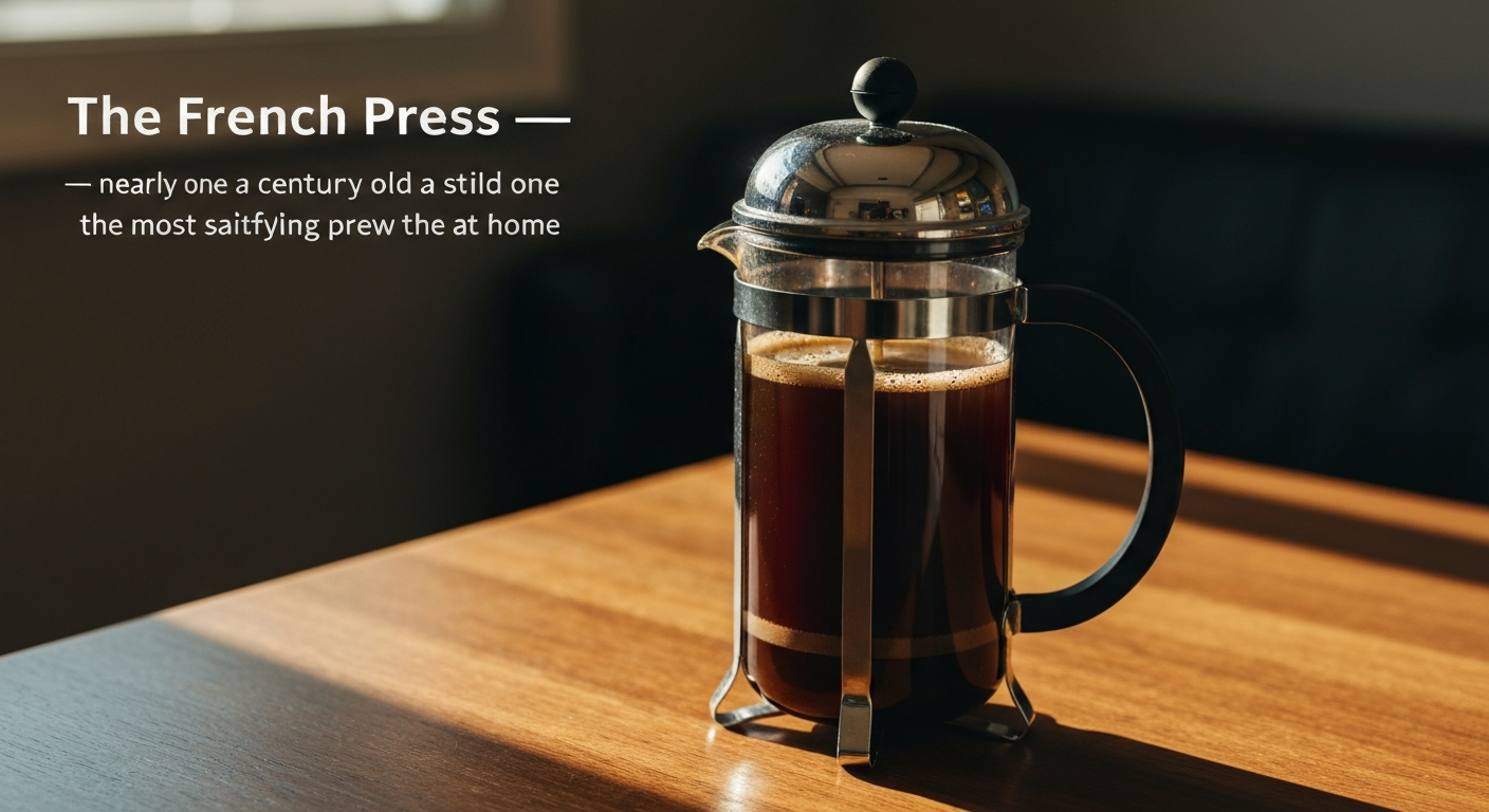 French press coffee maker filled with dark brewed coffee on a wooden table