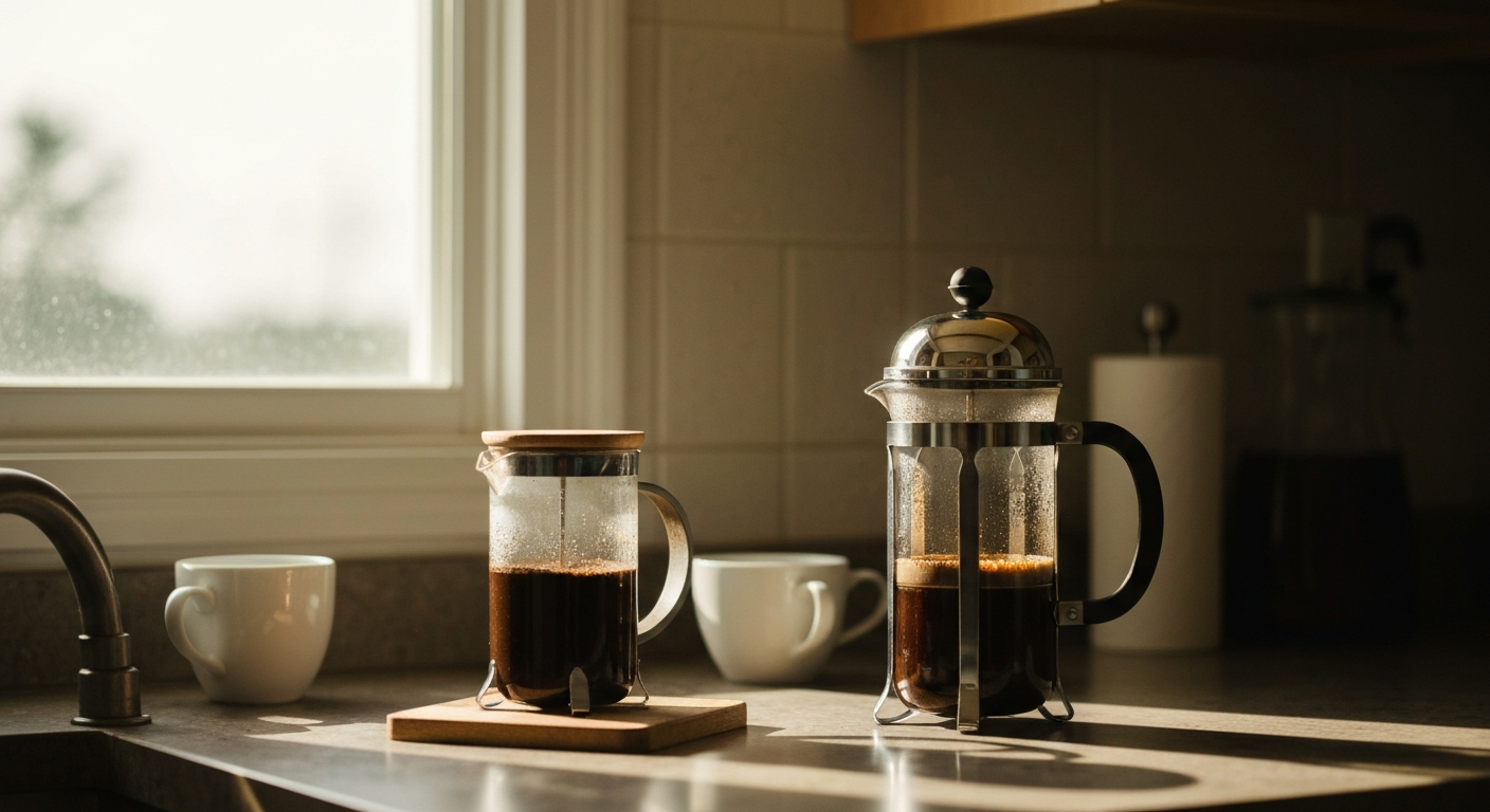Morning light illuminating a coffee brewing setup on a kitchen counter