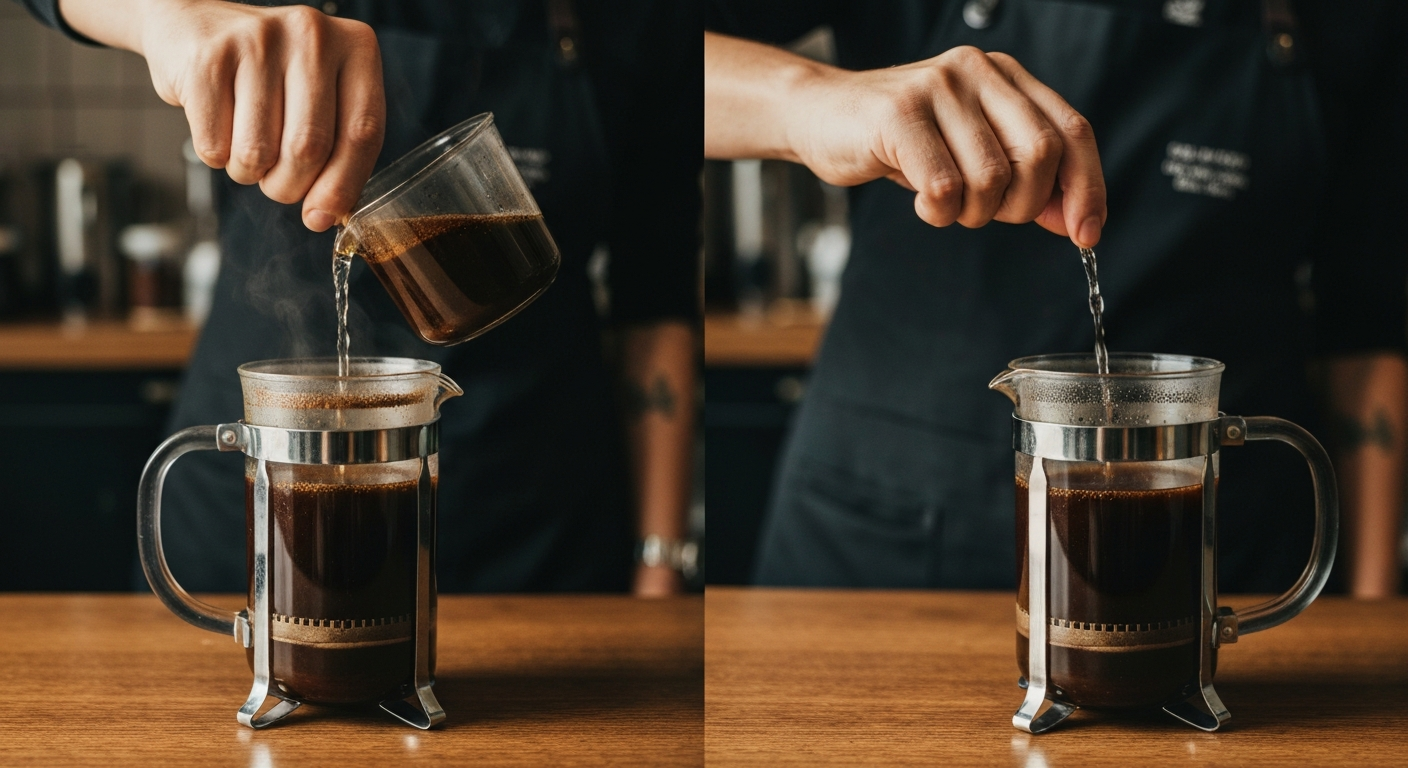 Coffee brewing equipment arranged on a clean counter with warm lighting