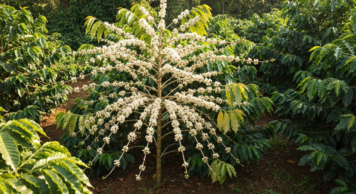 Delicate coffee cherries ripening on slender branches