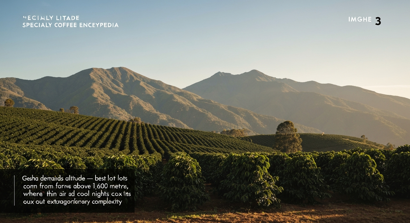High-altitude coffee farm with mountain peaks in the background