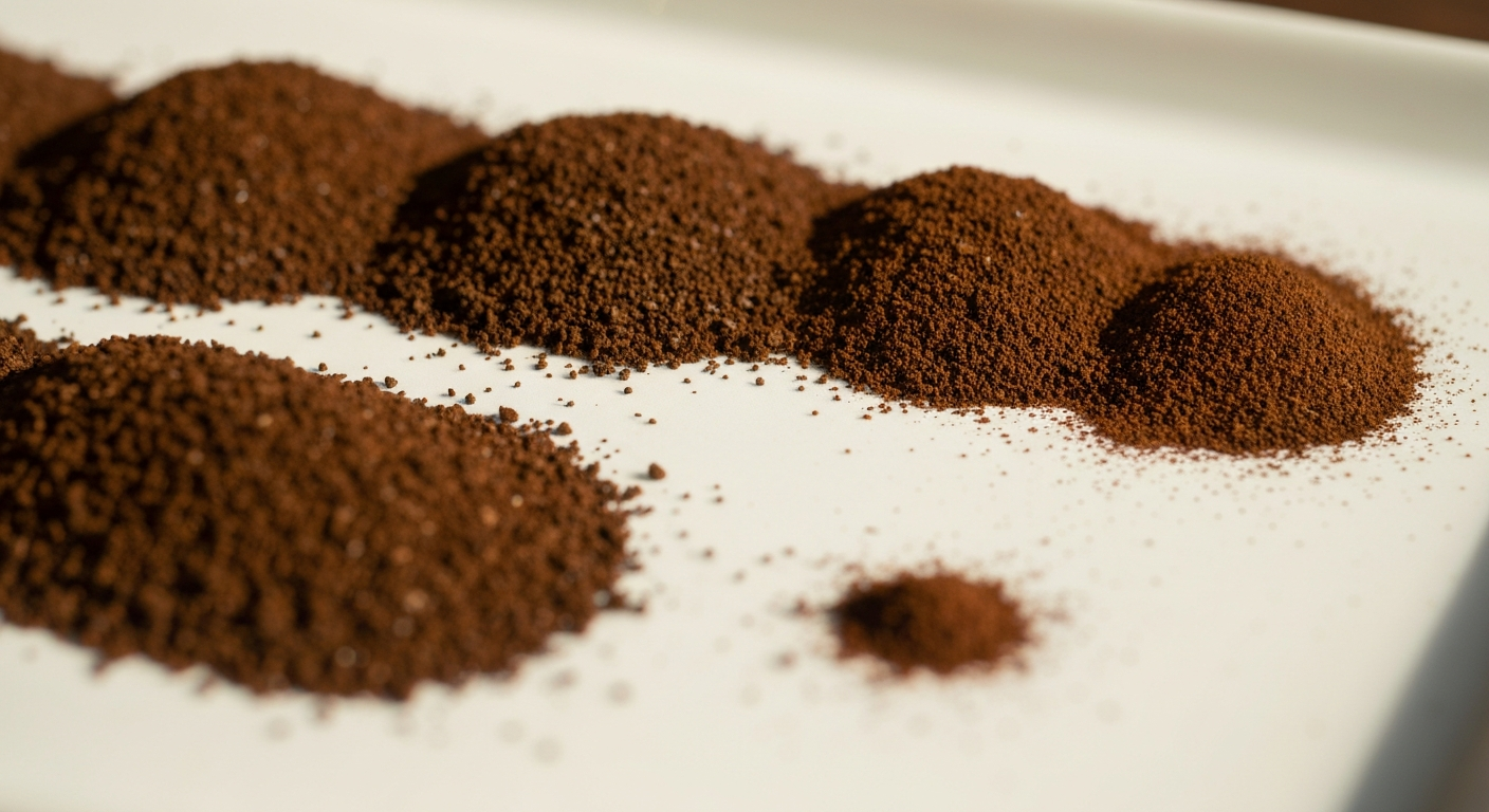 Close-up of coffee grounds at different coarseness levels on a white surface