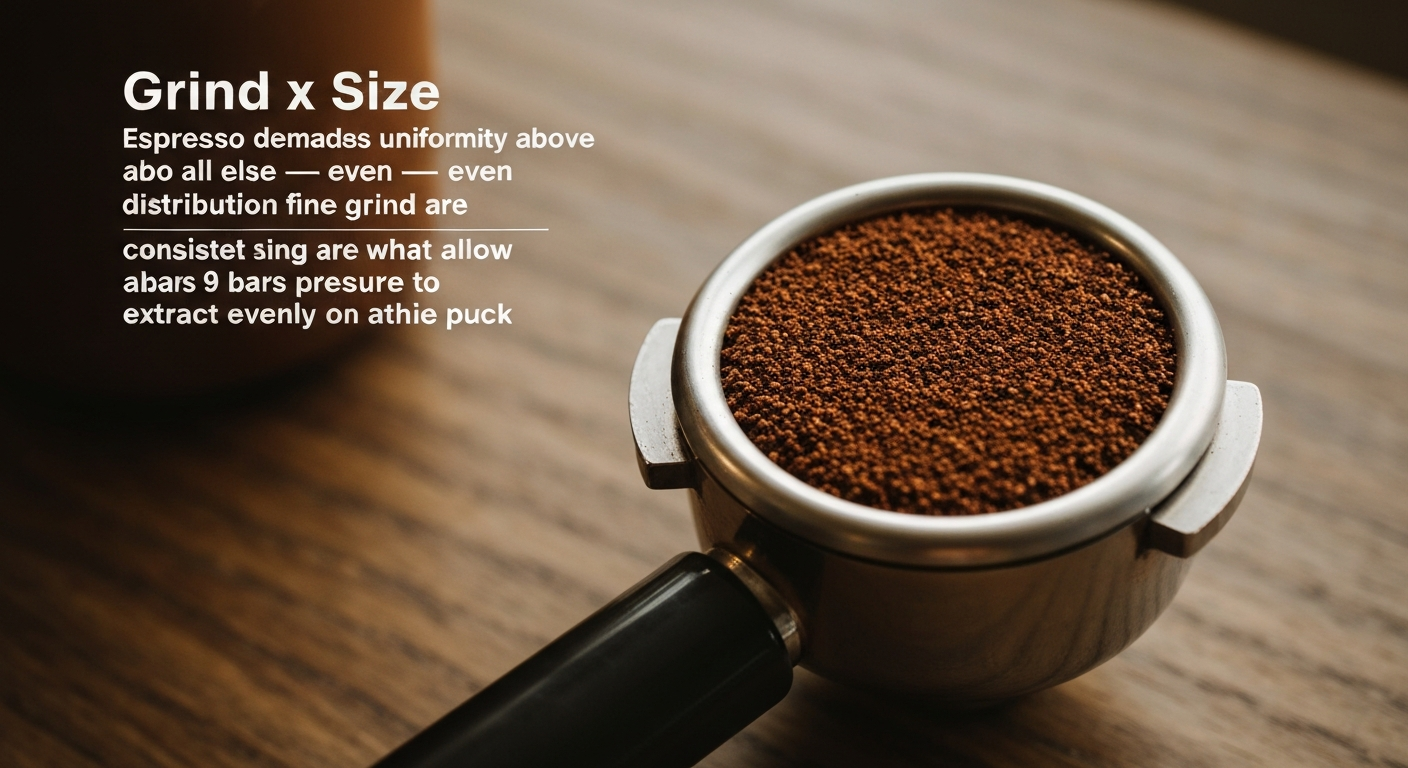 Espresso puck in a portafilter showing uniform, fine grounds