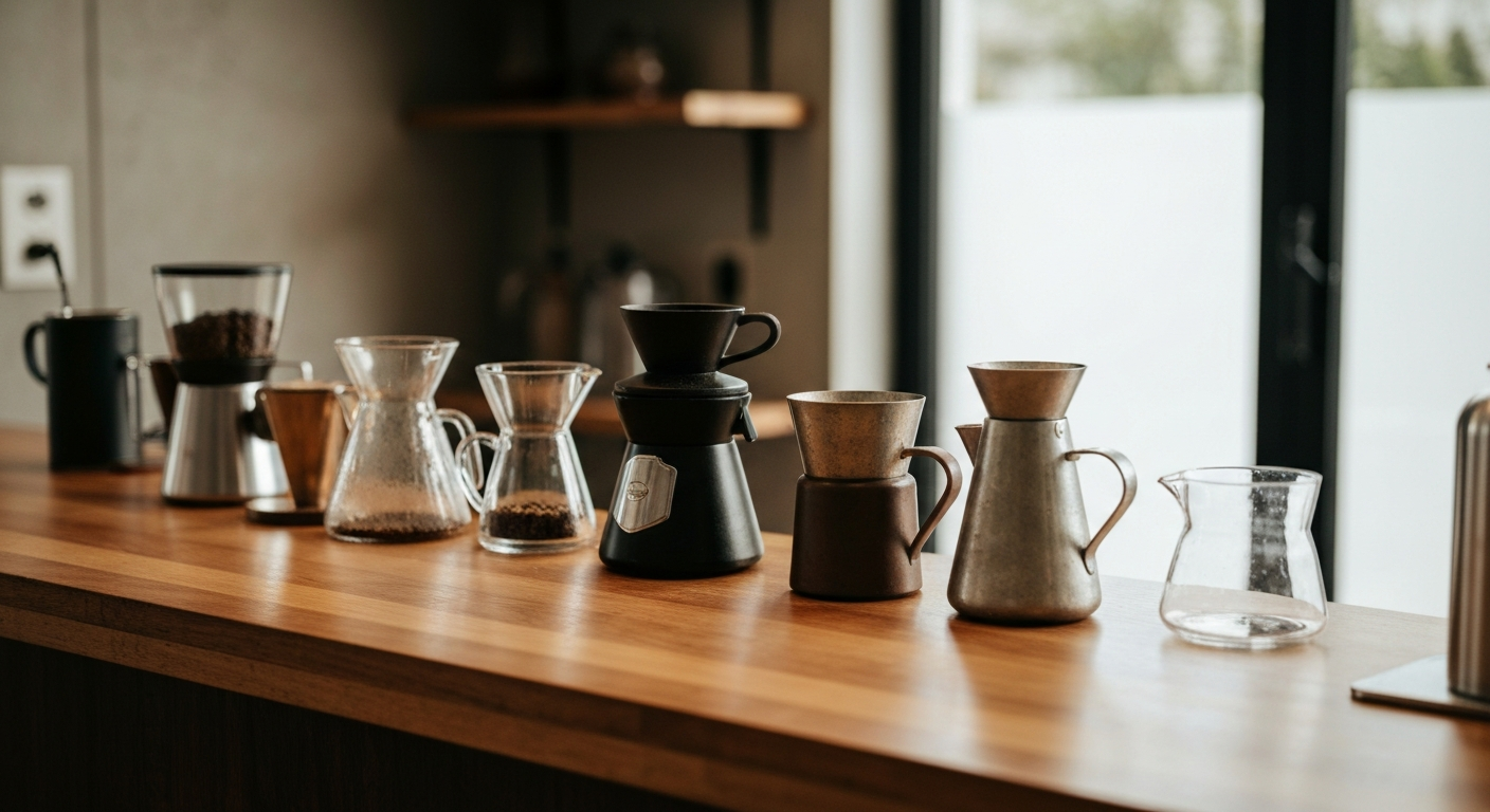 Various coffee brew methods arranged on a wooden counter