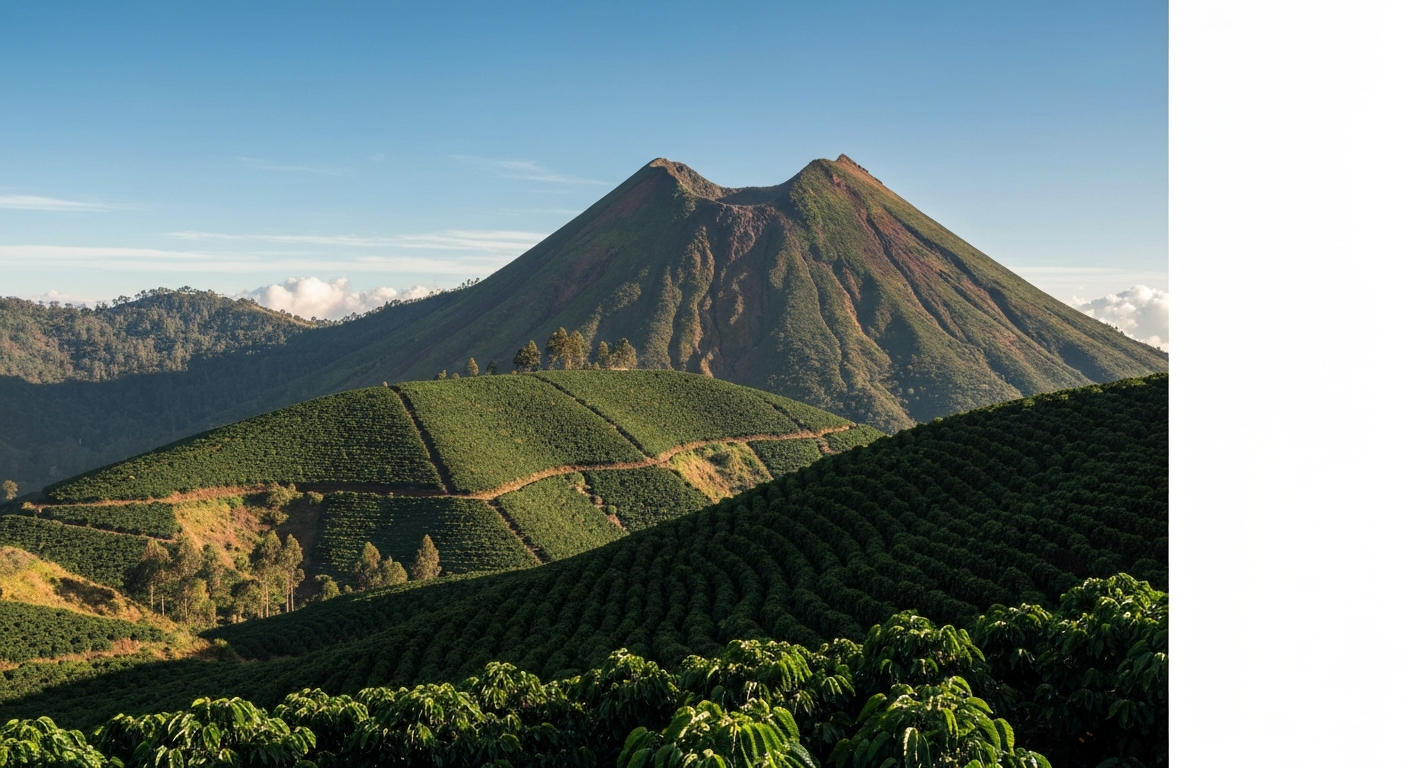 Guatemalan volcanic highlands with green coffee plantations stretching across the slopes