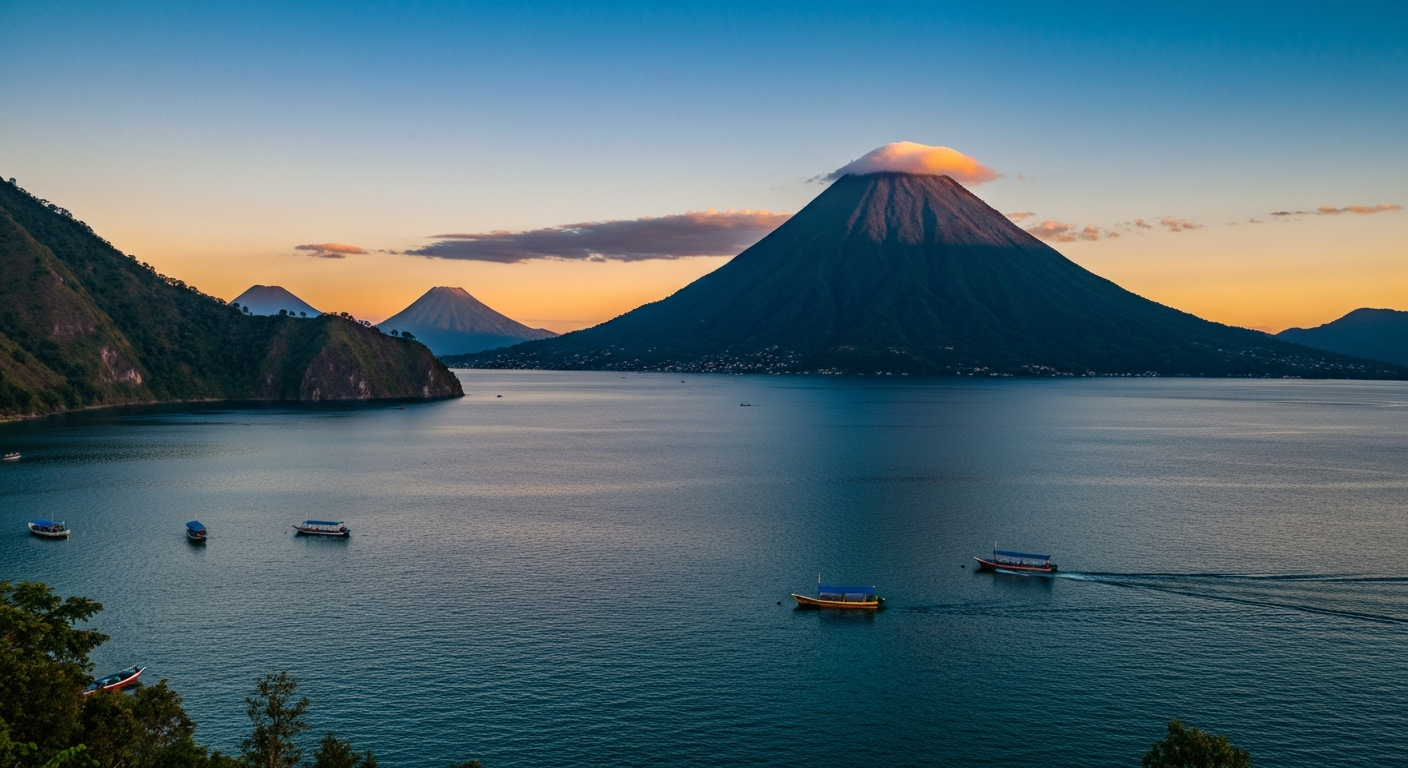 Lake Atitlán surrounded by volcanic peaks and green hillsides in Guatemala