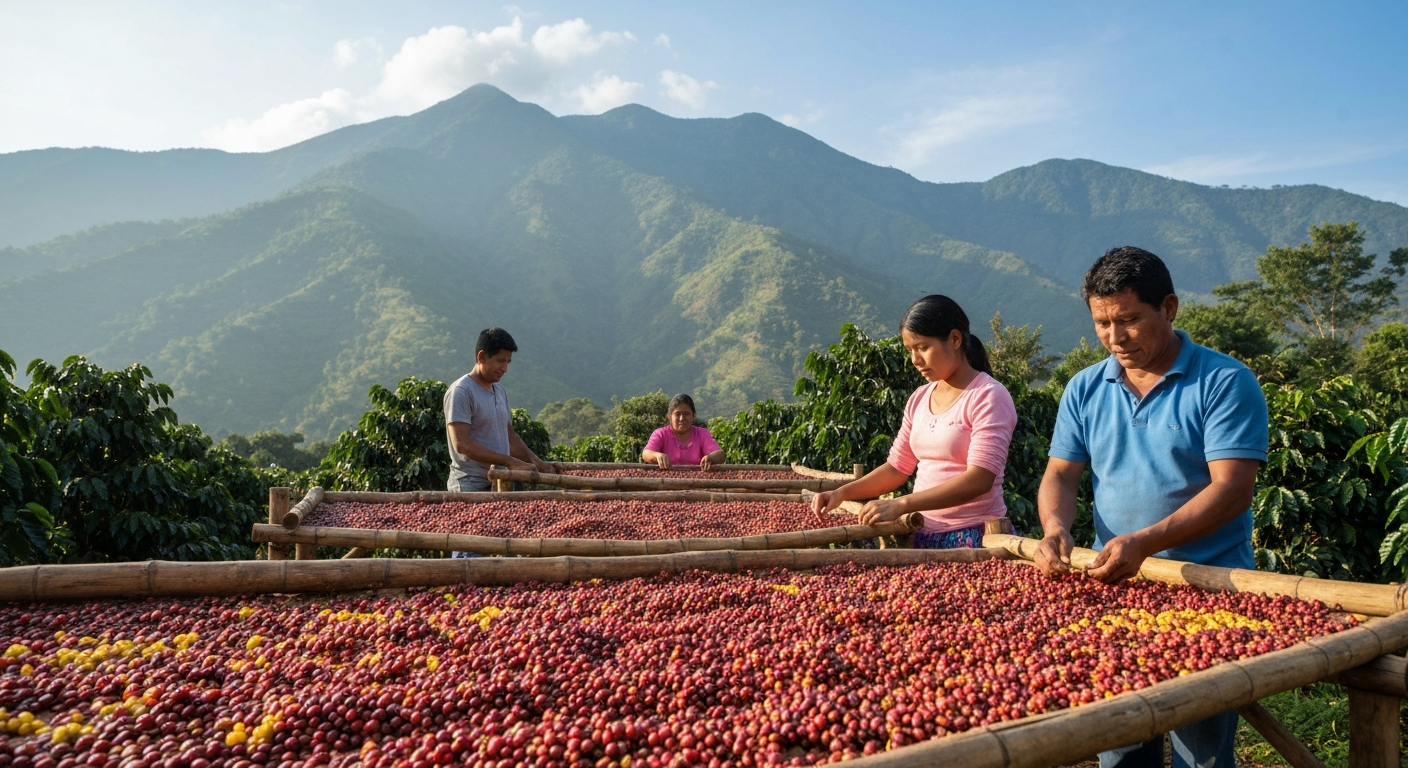 Tropical mountain landscape with morning mist rolling across green valleys