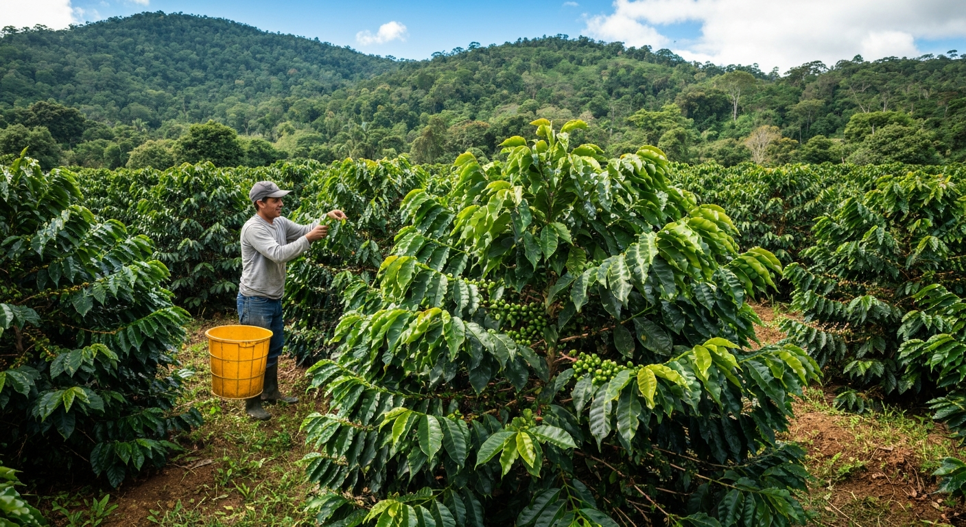 Coffee plants growing on a hillside farm with rich green foliage