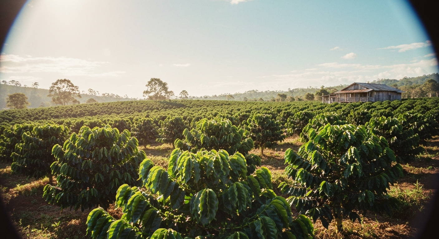 Freshly brewed cup of coffee on a wooden surface in warm light