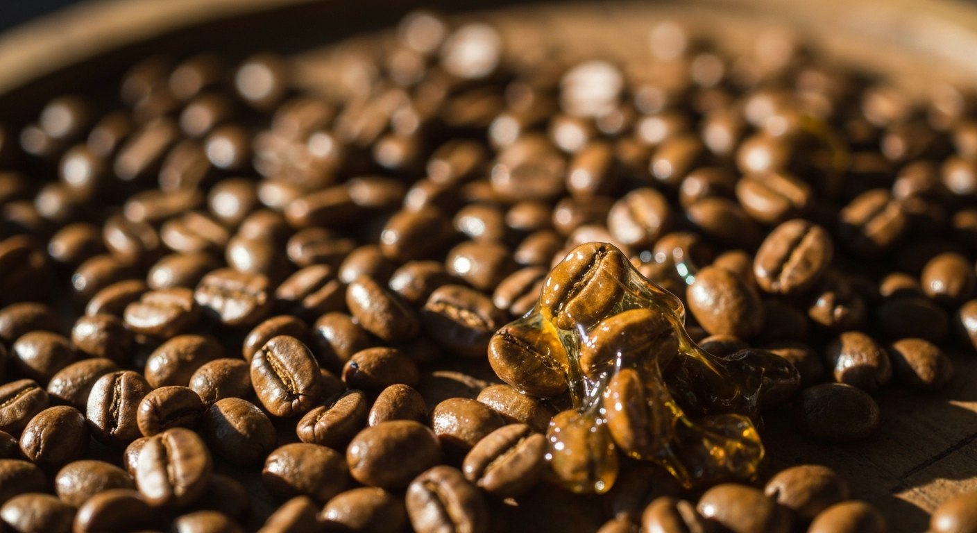 Close-up of coffee beans with sticky mucilage still attached during honey processing