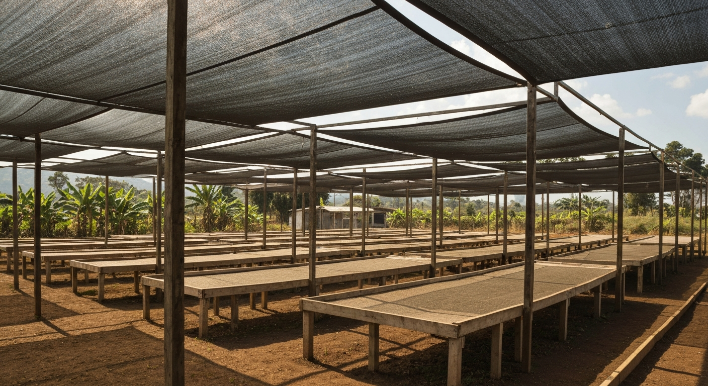 Coffee farm with drying beds and shade structures used in honey processing