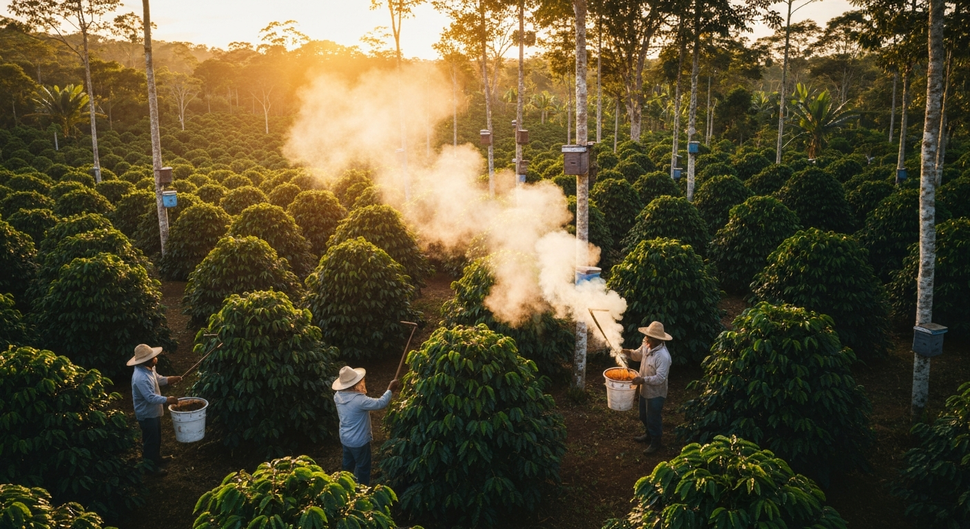 Lush green coffee-growing landscape with tropical vegetation