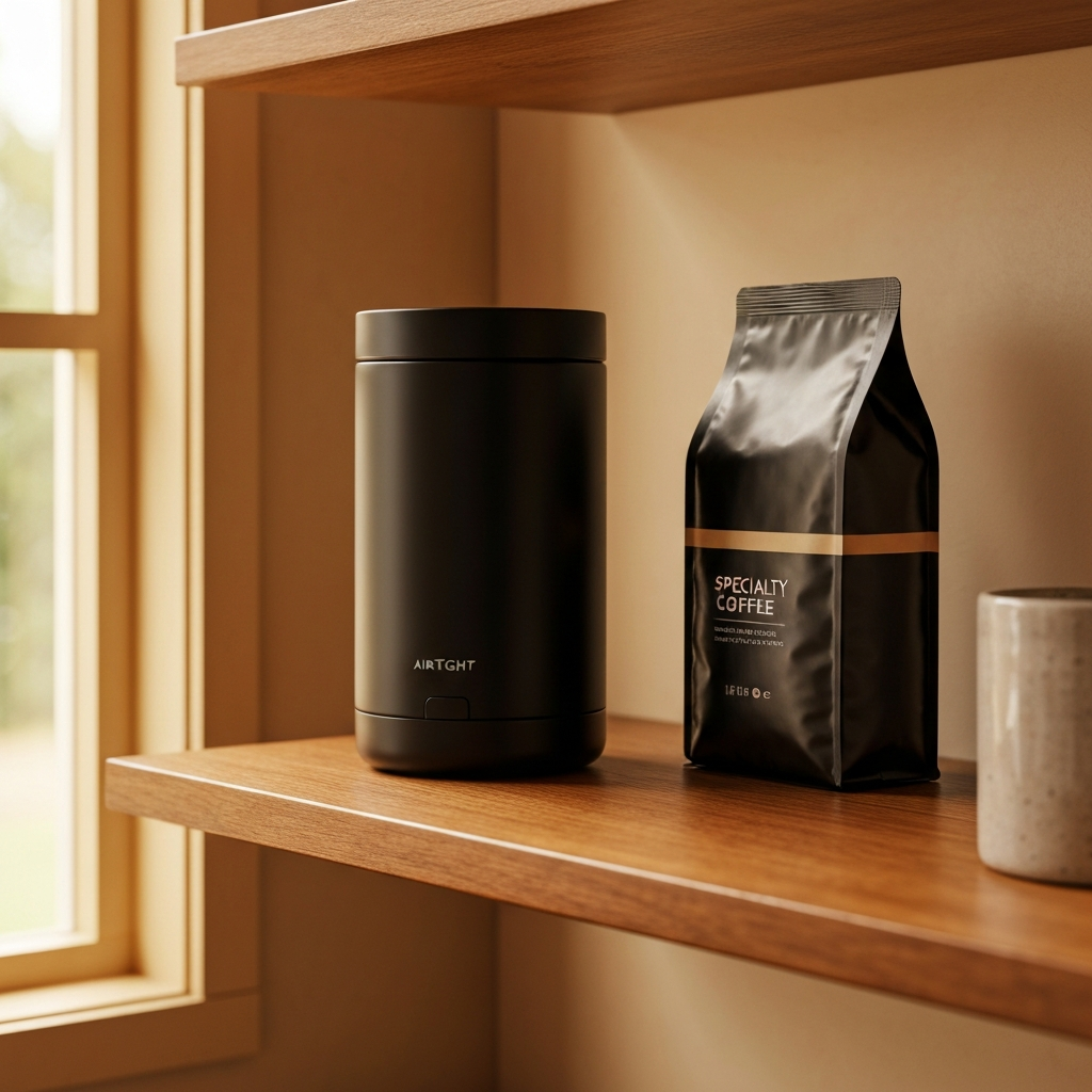 Airtight matte black coffee canister next to a bag of specialty coffee on a wooden shelf