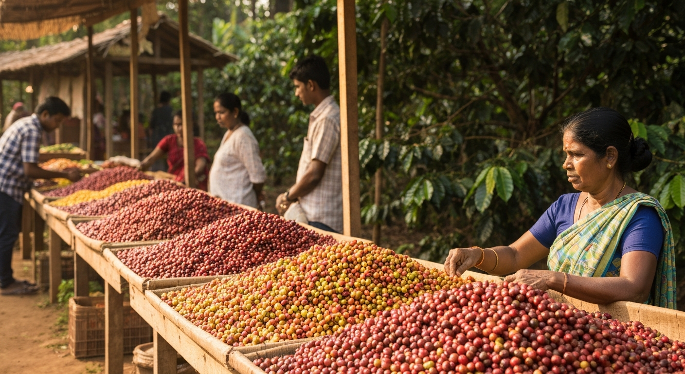 Coffee cherries ripening on branches in dappled shade