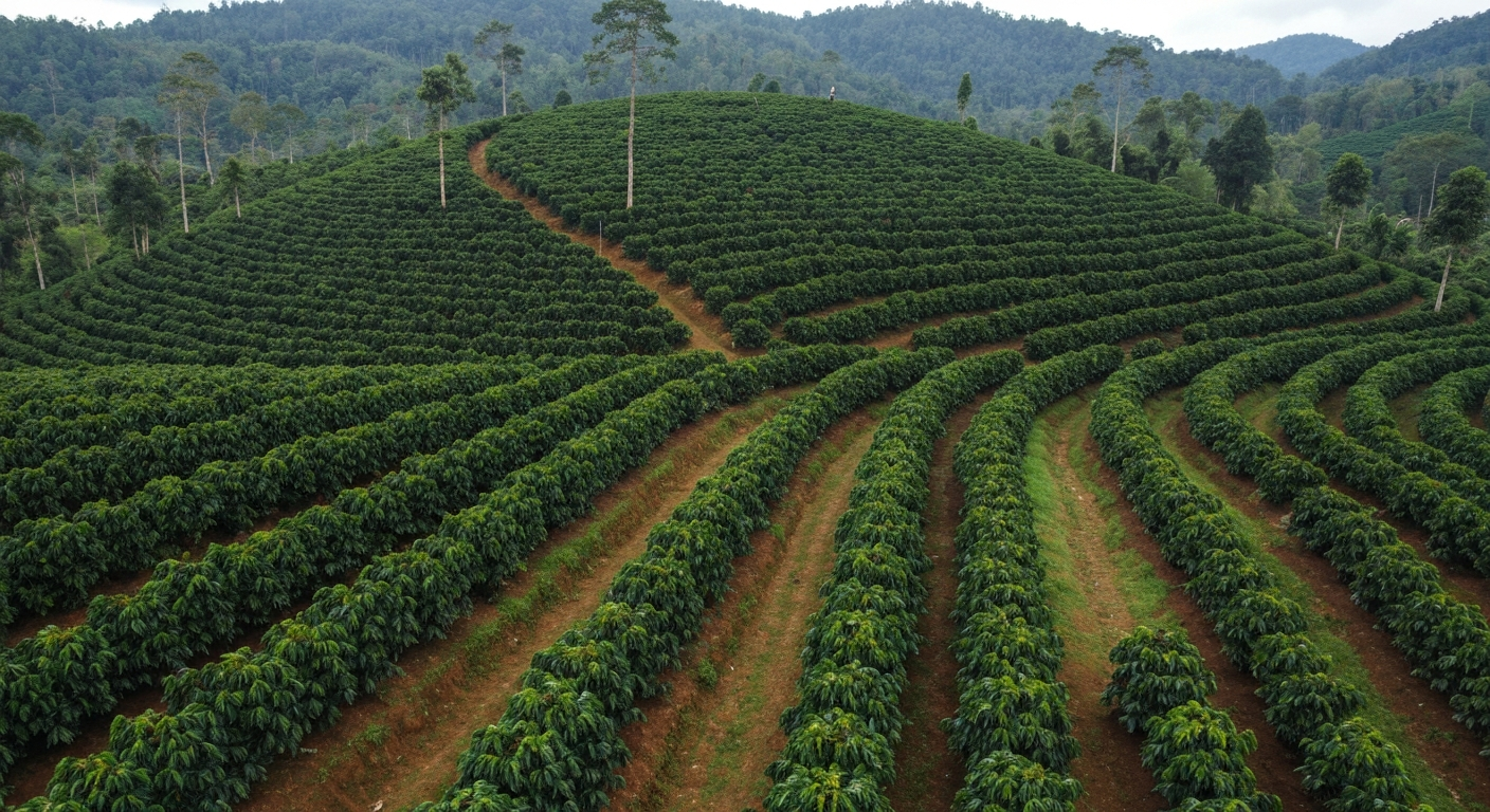 Lush green Indonesian hillside with tropical vegetation and volcanic terrain