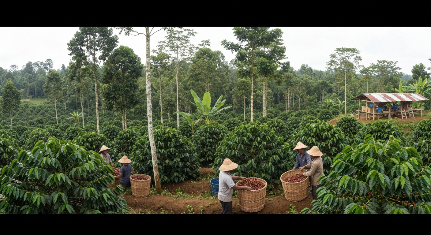 Coffee beans drying on a patio under tropical sunlight
