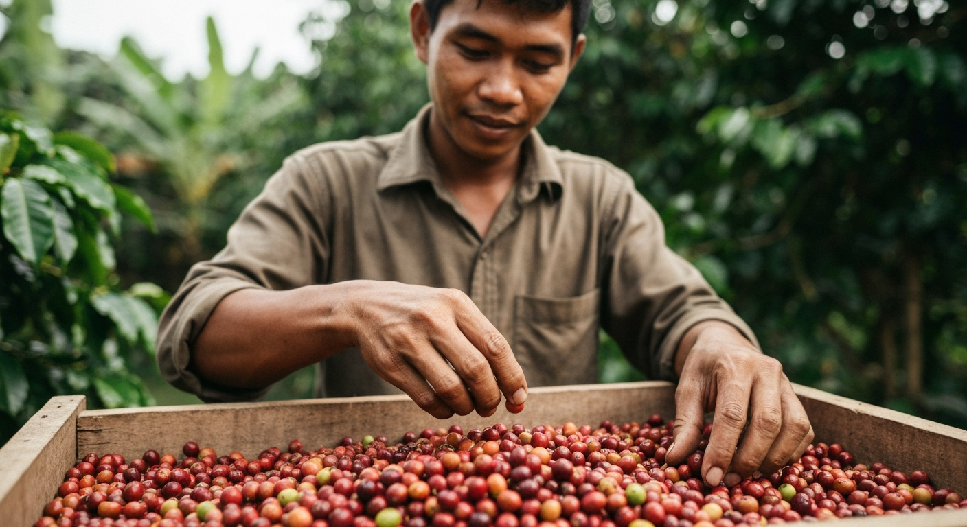 Close-up of freshly picked red coffee cherries in hands