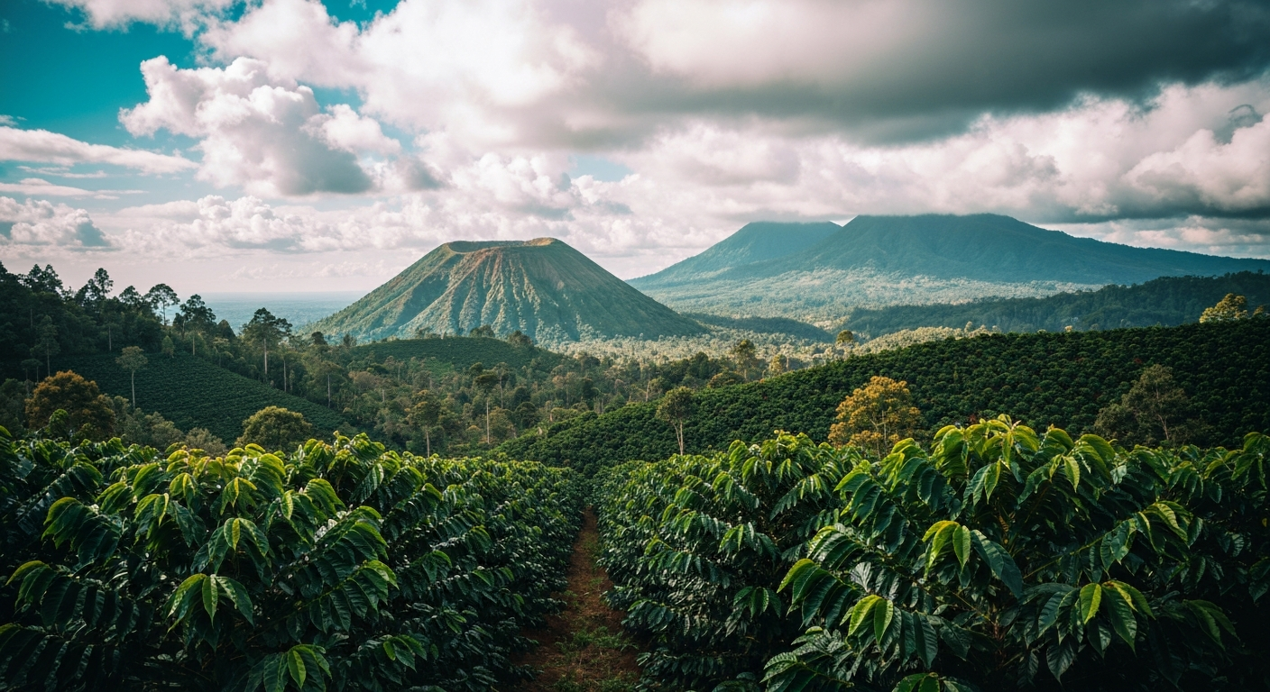 Lush tropical plantation landscape with volcanic peaks in the distance