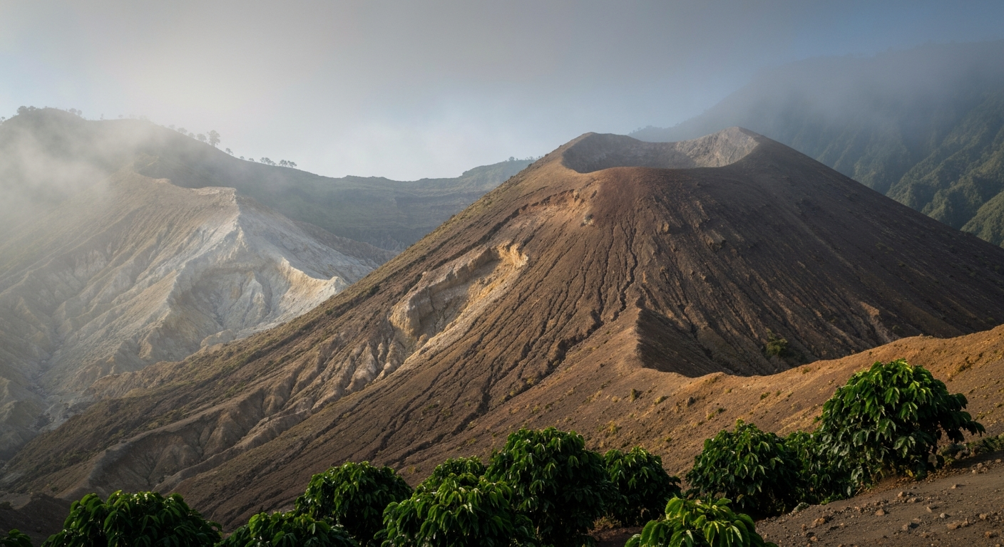 Volcanic highland landscape with mist rolling over hills