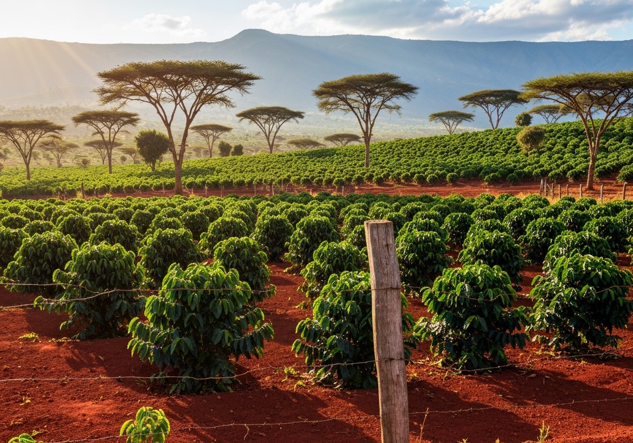 Kenyan highlands with red earth and green vegetation