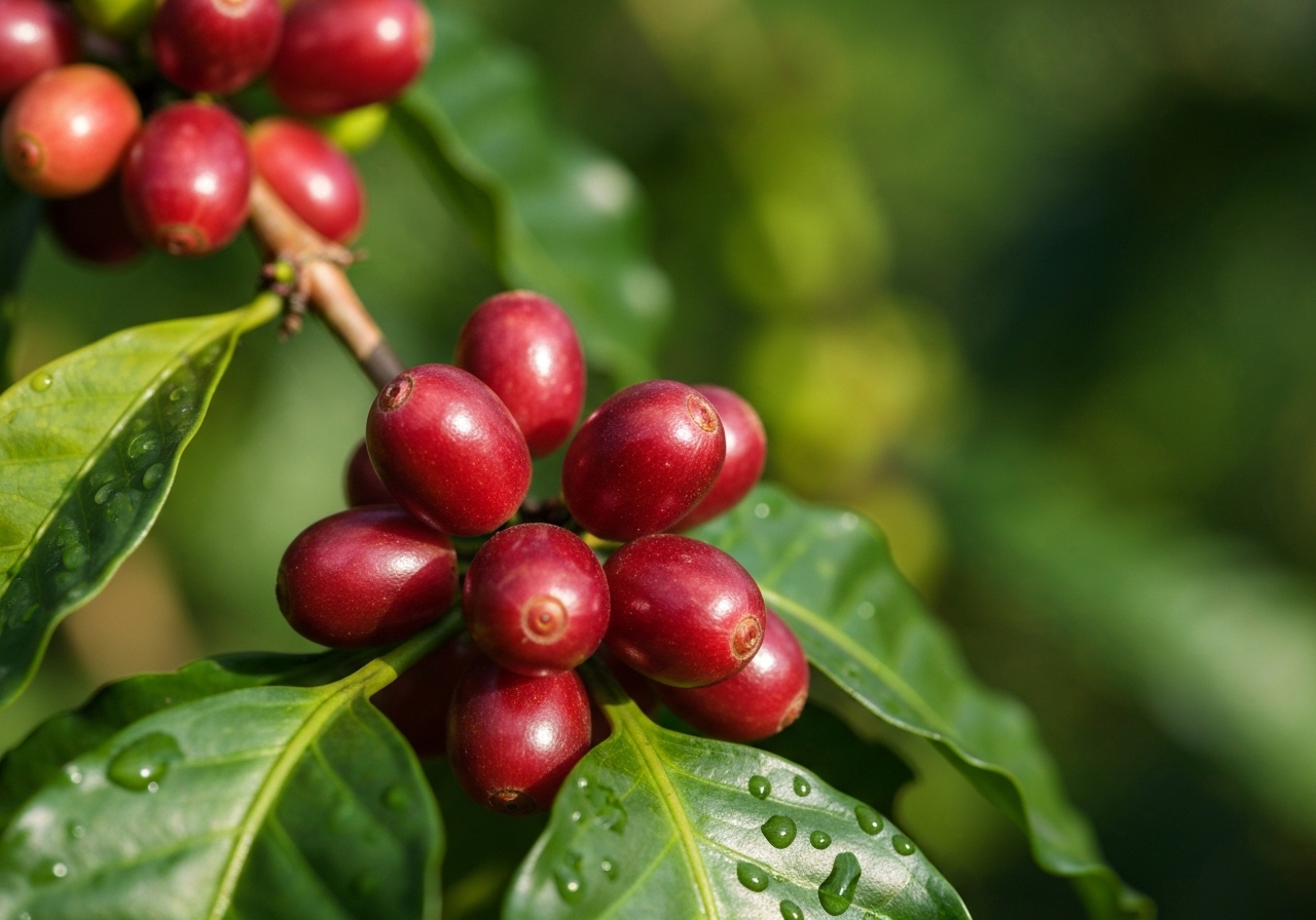 Coffee cherries ripening on the branch