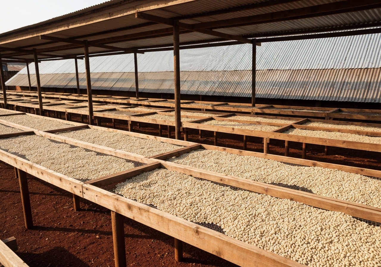 Coffee drying on raised beds at a processing station