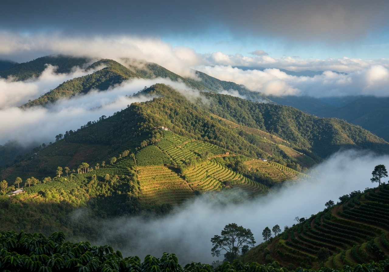 Misty mountain landscape with dense vegetation