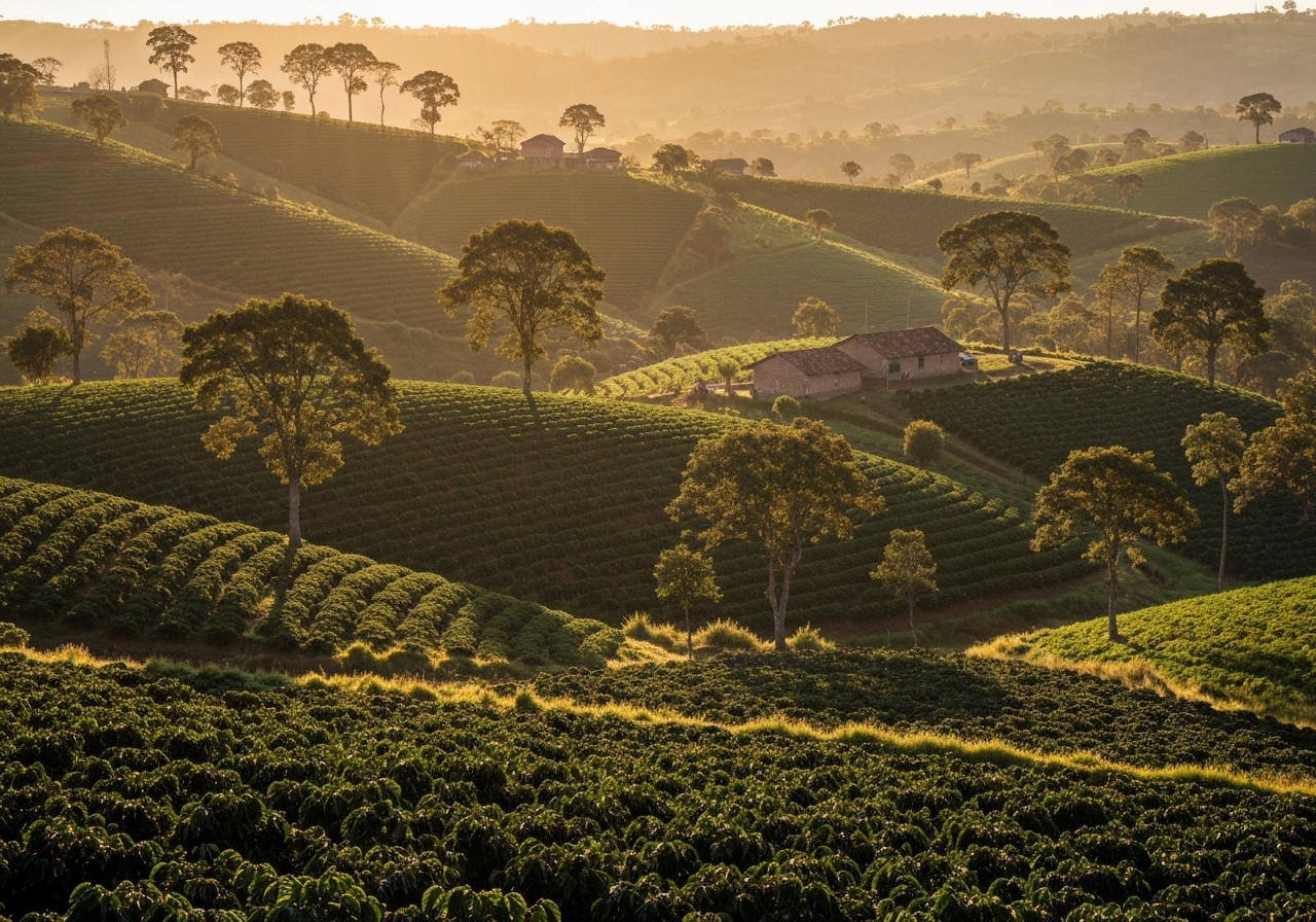 Sunrise over agricultural landscape with rolling hills