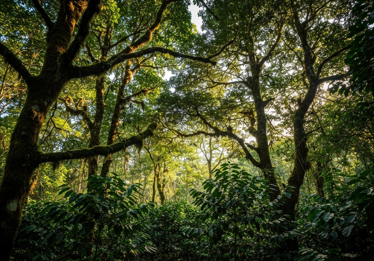 Dense tropical forest canopy with sunlight filtering through