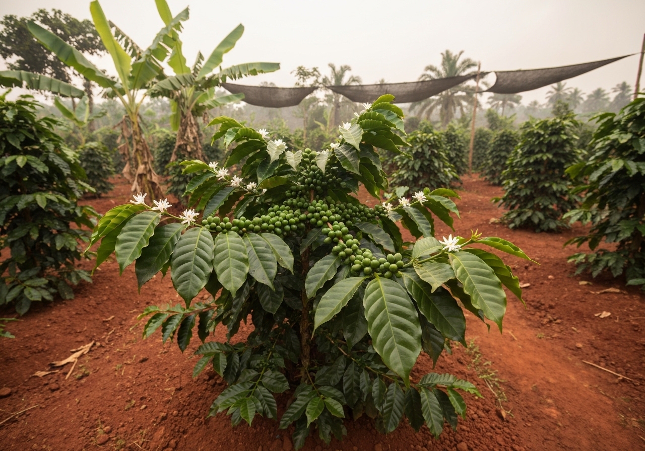 Dense green coffee plants growing in a lowland tropical farm