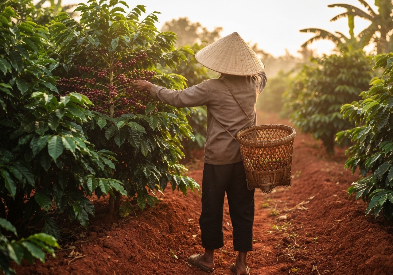 Coffee farmer hand-picking ripe cherries from a coffee tree