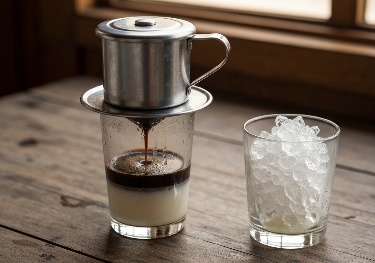 Traditional Vietnamese iced coffee dripping through a phin filter into a glass