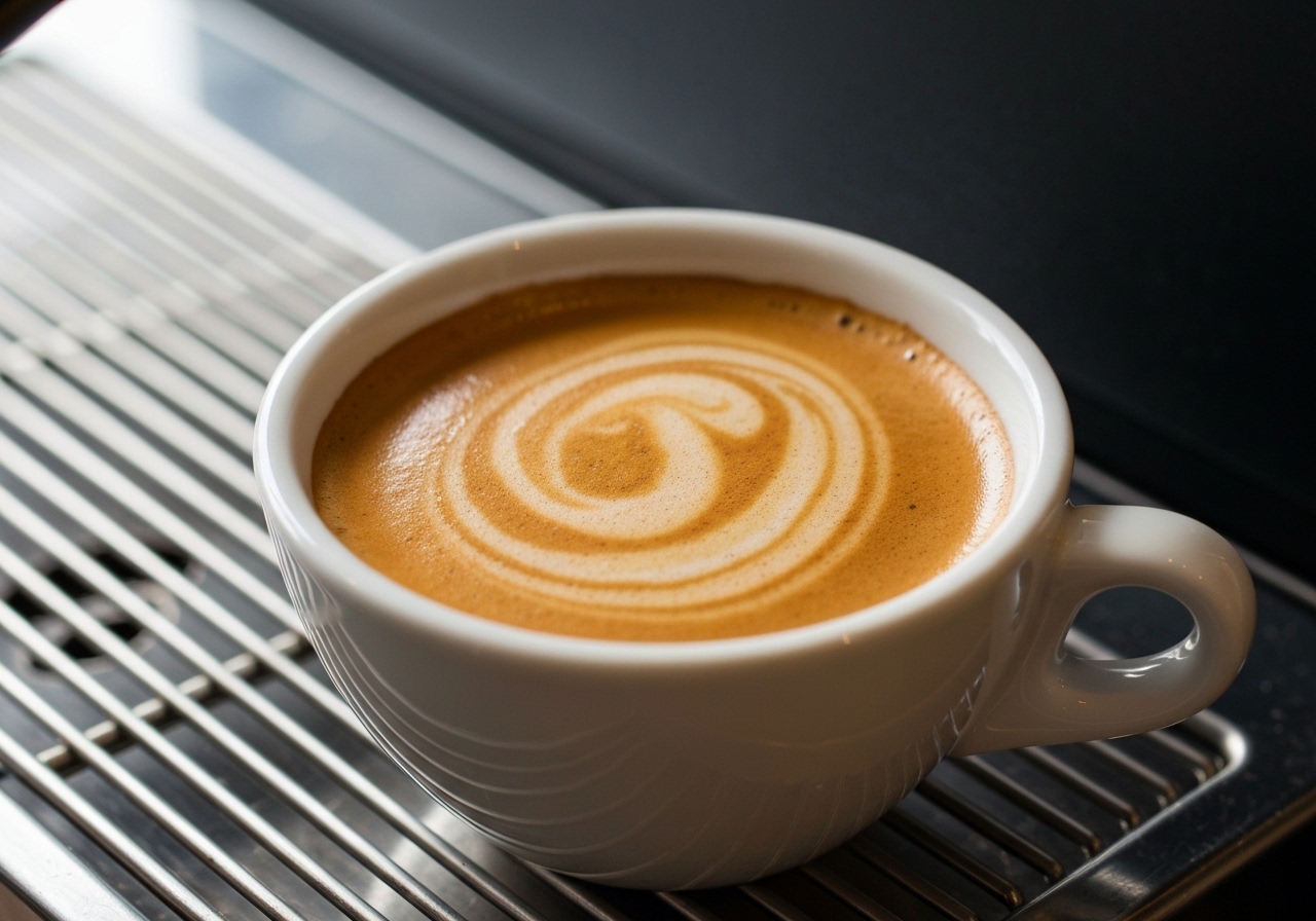Espresso shot with thick golden crema pouring from a portafilter