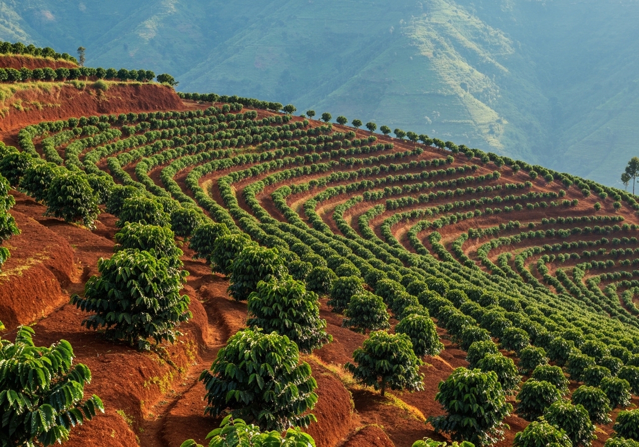 Lush green hills of Rwanda with terraced farmland