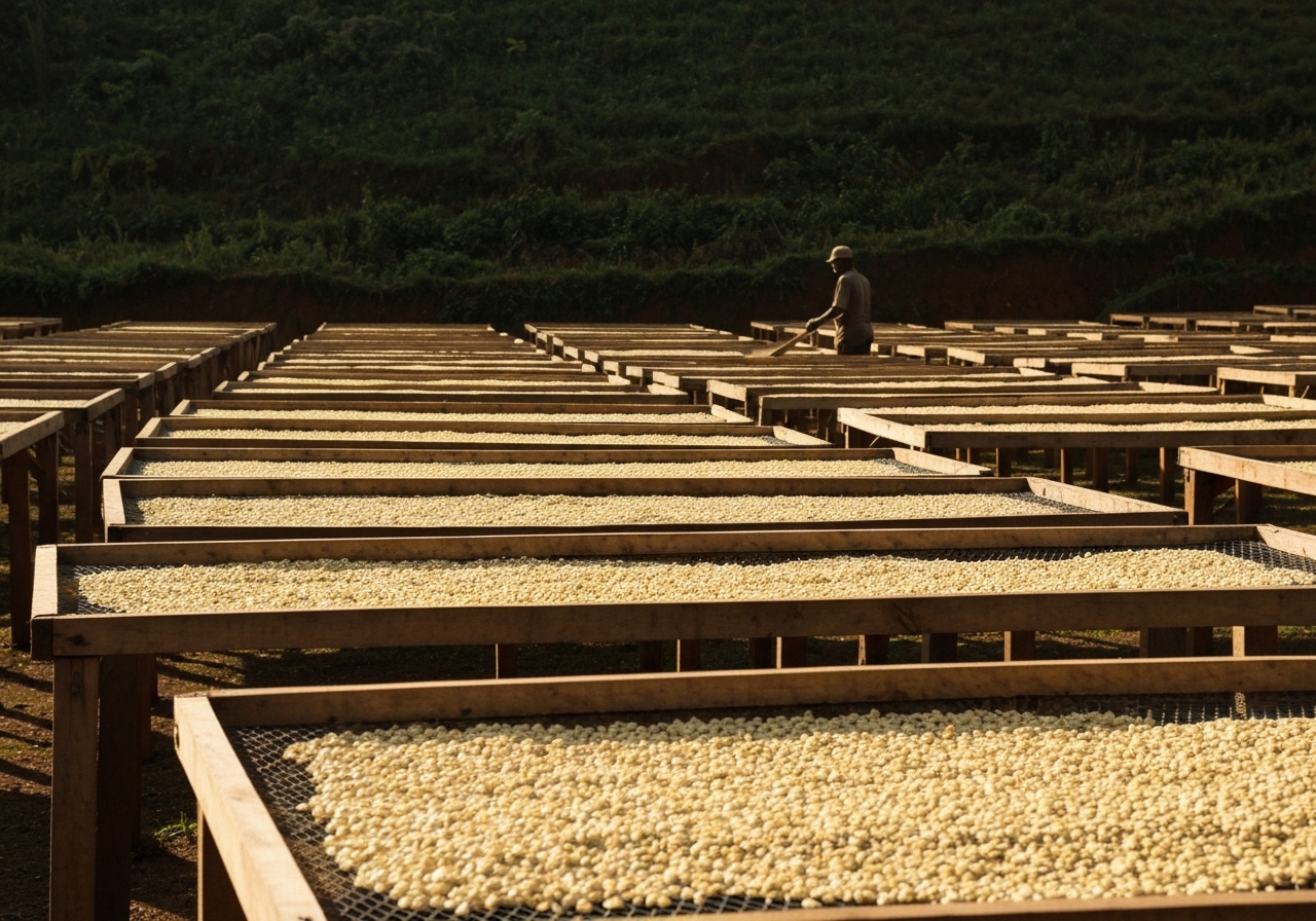 Coffee cherries drying on raised African beds under the sun