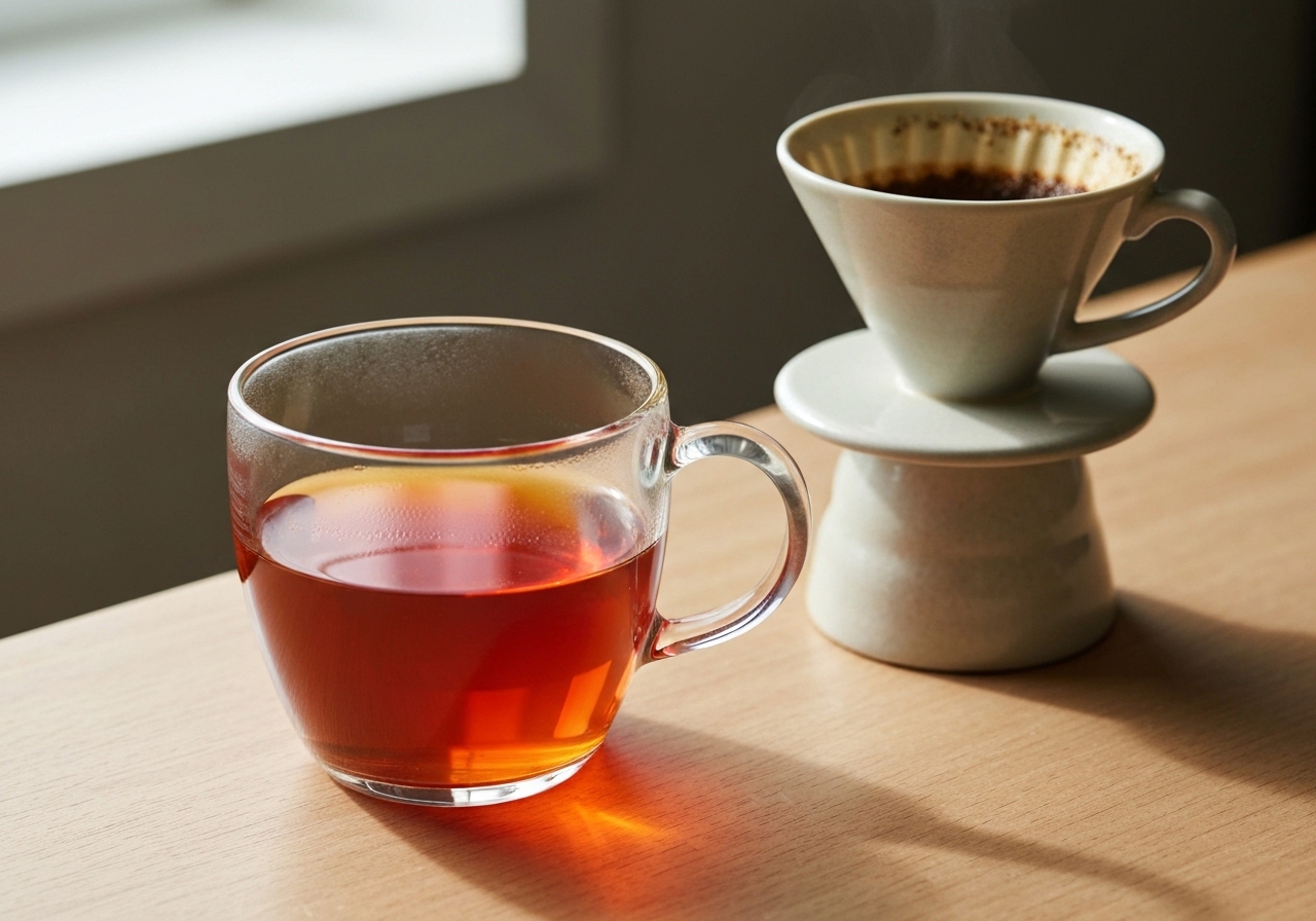 A freshly brewed pour-over coffee in a clear glass