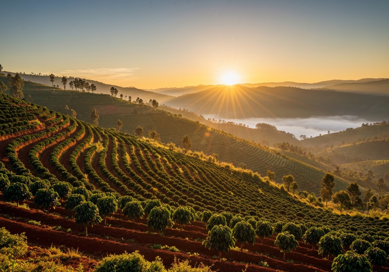 Sunrise over green agricultural hills